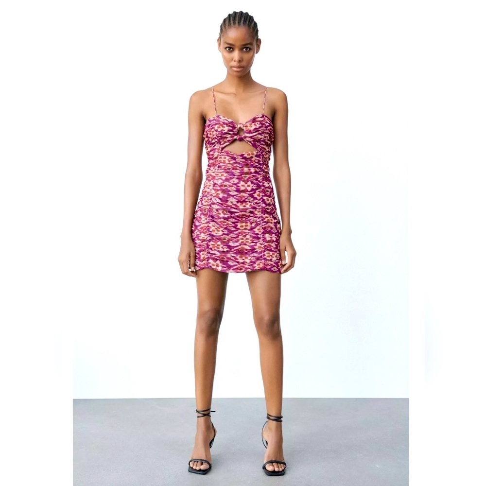 NWT Zara purple printed mini dress with ruching small summer
